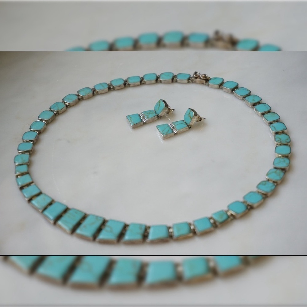 Vintage hand-cut Chilean Turquoise 925 silver earring and necklace set - Picture 2 of 10